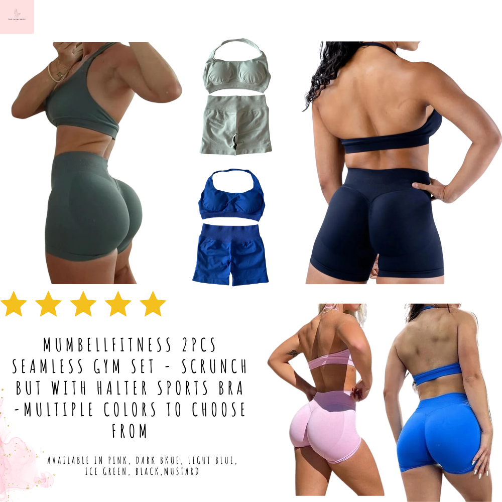 MumBellFitness 2pcs Seamless Gym Set - Scrunch But with Halter Sports Bra -Multiple colors to choose from