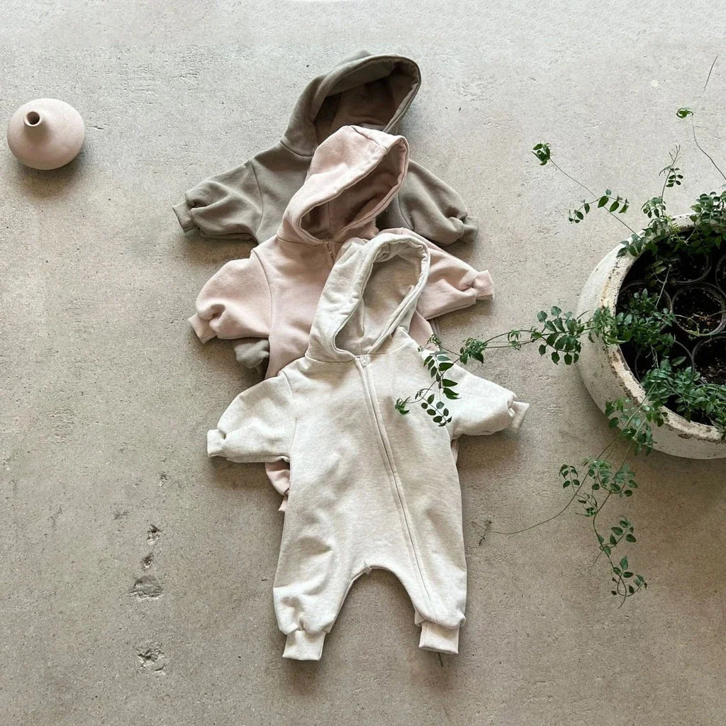 The Mum Shop AU- Baby Jumpsuit Hoody with Zipper -Available in 3 colors, sizes Newborn-18months