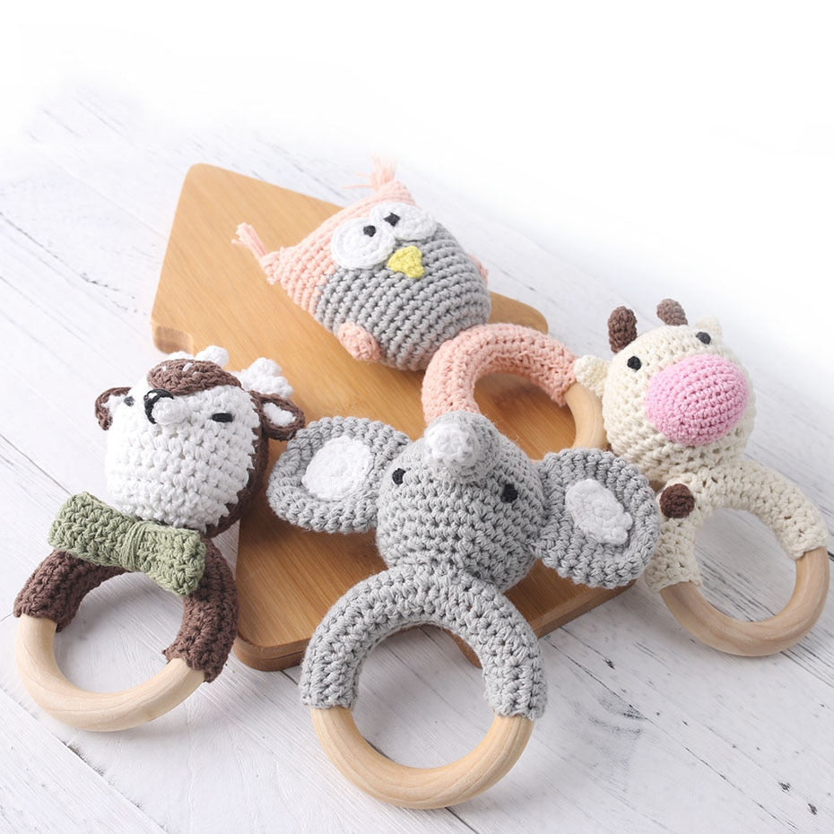 1pc Eco-Friendly Natural Wooden Baby Teether with Crochet Animal-
