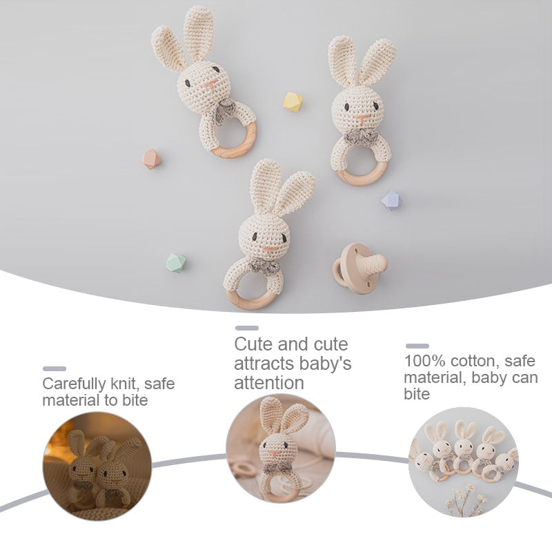 1pc Eco-Friendly Natural Wooden Baby Teether with Crochet Animal-