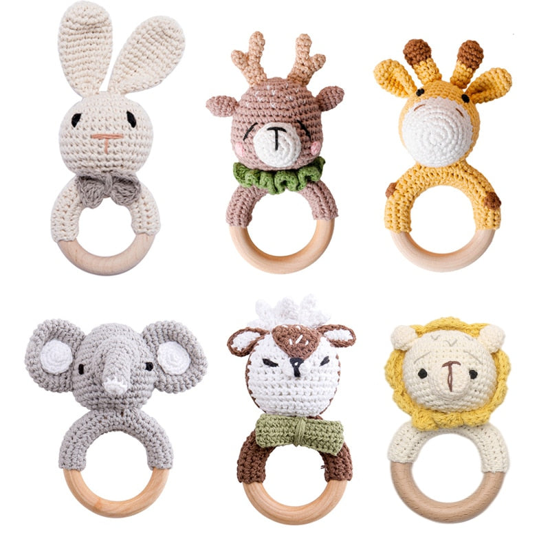 1pc Eco-Friendly Natural Wooden Baby Teether with Crochet Animal-