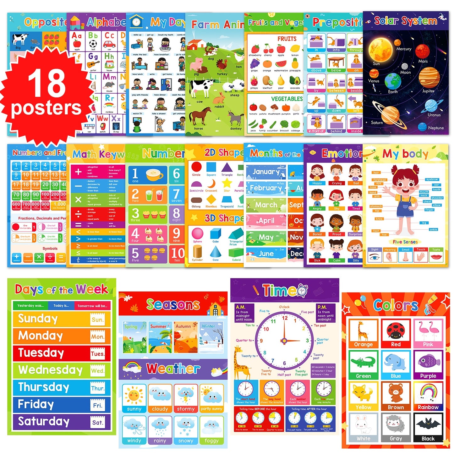 18 Pack Laminated Classroom Posters  for Pre-School/Kindergarten/HomeSchool