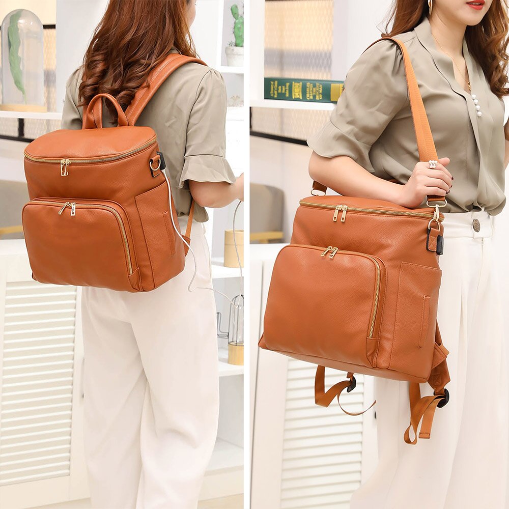 Mum/Baby Diaper Bag Backpack Solid PU Leather with dividers