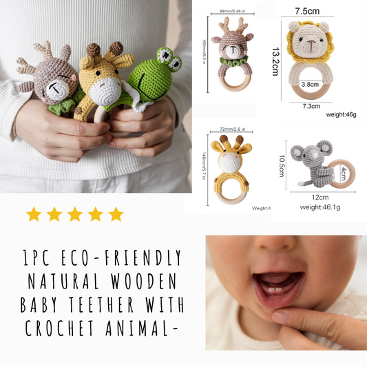 1pc Eco-Friendly Natural Wooden Baby Teether with Crochet Animal-