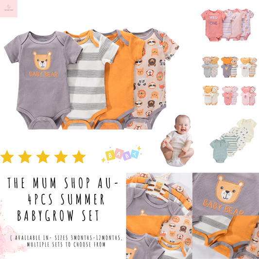 The Mum Shop AU- 4Pcs Summer BabyGrow/Onesie Set -Available in Sizes 3months-12months, Multiple sets to choose from