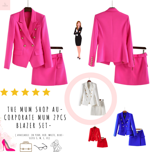 The Mum Shop AU-Corporate Mum 2PCS Blazer Set- (Available in Pink, Red, White, Blue-Sizes S, M, L, XL)