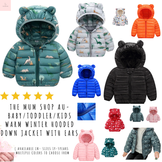 The Mum Shop Au- Baby/Toddler/Kids Warm Winter Hooded Down Jacket with Ears -Available in sizes 1Y-5Years-Multiple colors to choose from