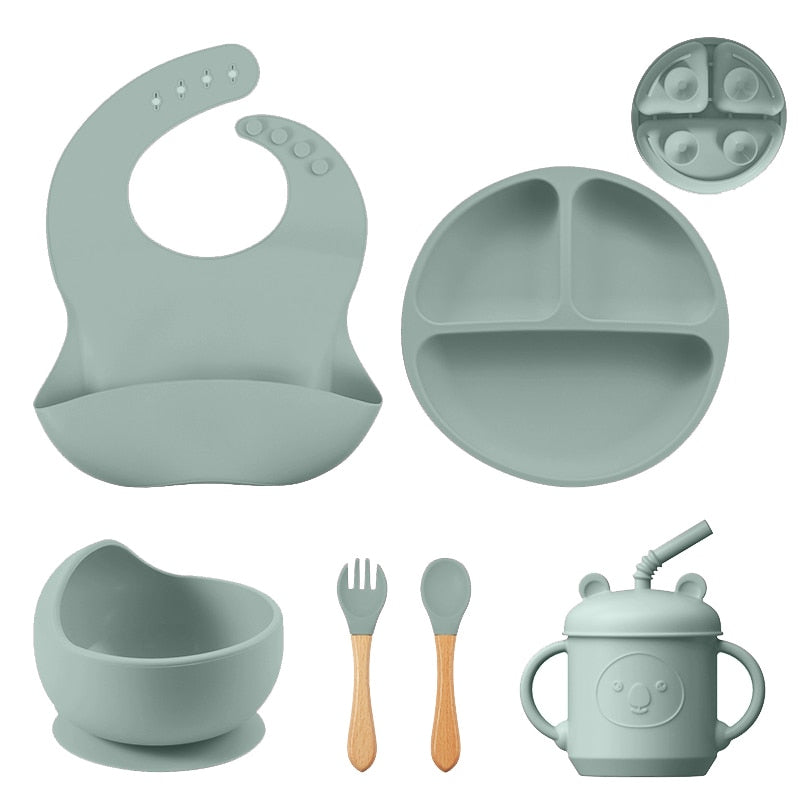 The Mum Shop Au - Baby/Toddler Silicone Sticky Dinner /Feeding Assistant Set (Bib, Bowl, Spoon, Fork, Cup, Straw, Plate) Available in 6 x Colors)