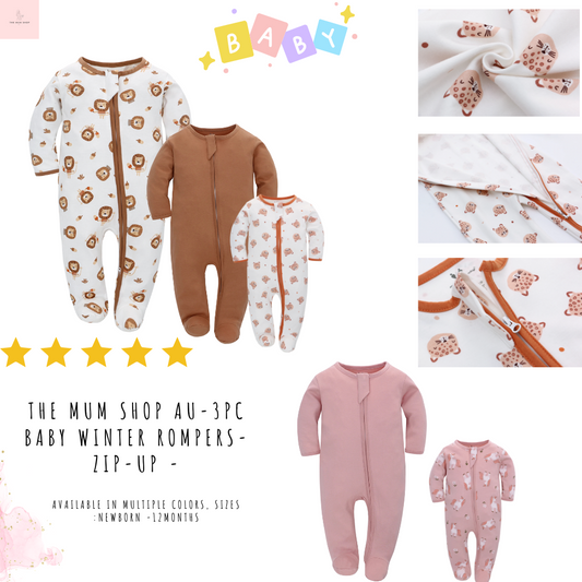 The Mum Shop AU-3pc Baby Winter Rompers-Zip-up -Available in multiple colors, Sizes :Newborn -12Months