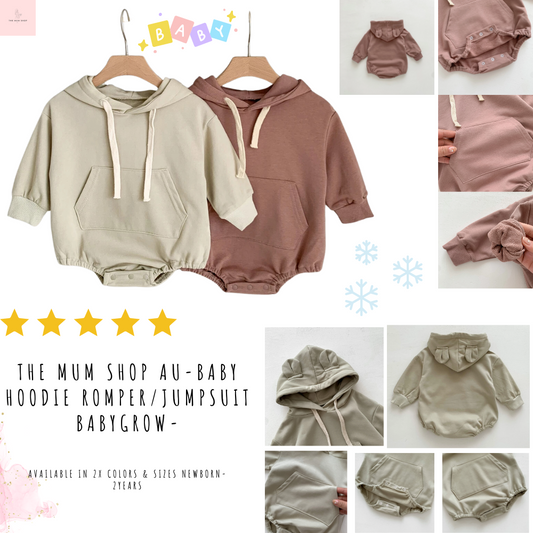 The Mum Shop AU-Baby Hoodie Romper/Jumpsuit -Available in 2x colors & sizes Newborn-2years