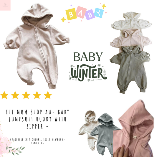 The Mum Shop AU- Baby Jumpsuit Hoody with Zipper -Available in 3 colors, sizes Newborn-18months