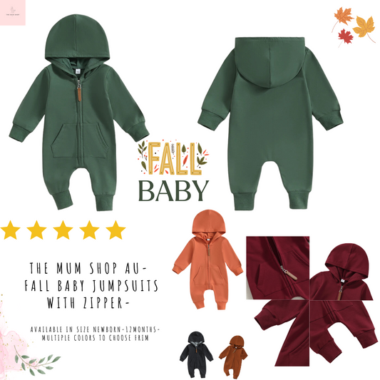The Mum Shop AU- Fall Baby Jumpsuits with Zipper-Available in Size Newborn-12Months-Multiple colors to choose from