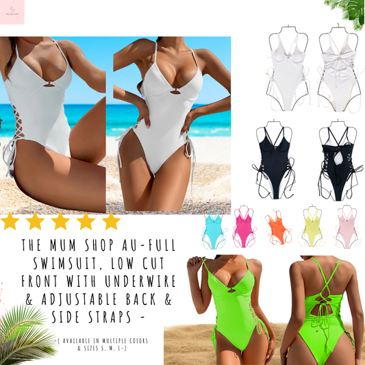 The Mum Shop AU-Full Swimsuit, Low Cut front with underwire & adjustable back & Side straps -Available in Multiple Colors & Sizes S, M, L-