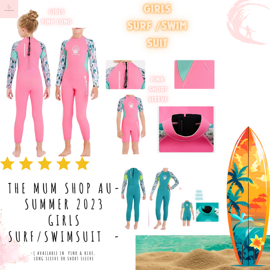 The Mum Shop AU-Summer 2023 Girls Surf/Swimsuit  -Available in Pink & Blue , 2 options to choose from Long Sleeve or Short Sleeve