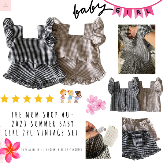 The Mum Shop AU- 2023 Summer Baby Girl 2PC Vintage Set -Available in 2 x Colors & Age 0-36months
