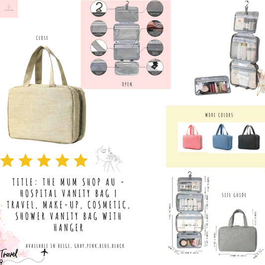 The Mum Shop AU - Hospital Vanity Bag | Travel, Make-up, Cosmetic, Shower Vanity Bag with Hanger | Multiple Colors Available