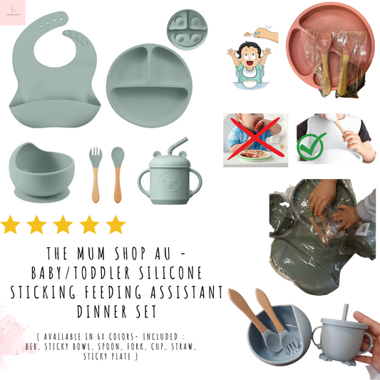 The Mum Shop Au - Baby/Toddler Silicone Sticky Dinner /Feeding Assistant Set (Bib, Bowl, Spoon, Fork, Cup, Straw, Plate) Available in 6 x Colors)