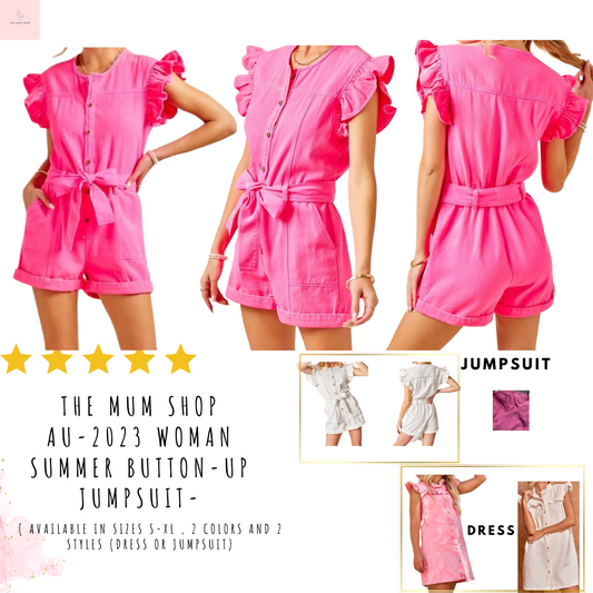 The Mum Shop AU-2023 Woman Summer Button-up Jumpsuit-Available in Sizes S-XL (Comes in 2 colors and in 2 styles (Dress or Jumpsuit)