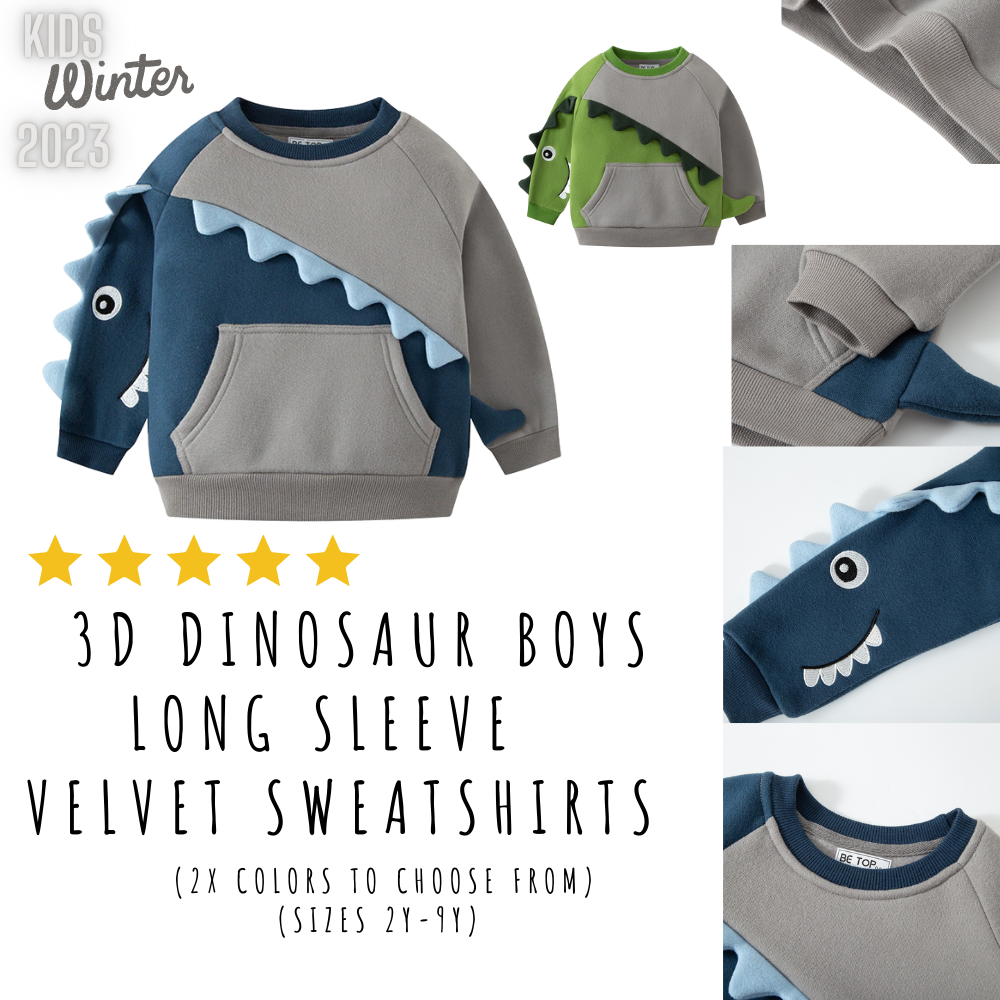 3D Dinosaur Boys Long Sleeve  Velvet Sweatshirts (2x Colors to choose from) (Sizes 2Y-9Y)