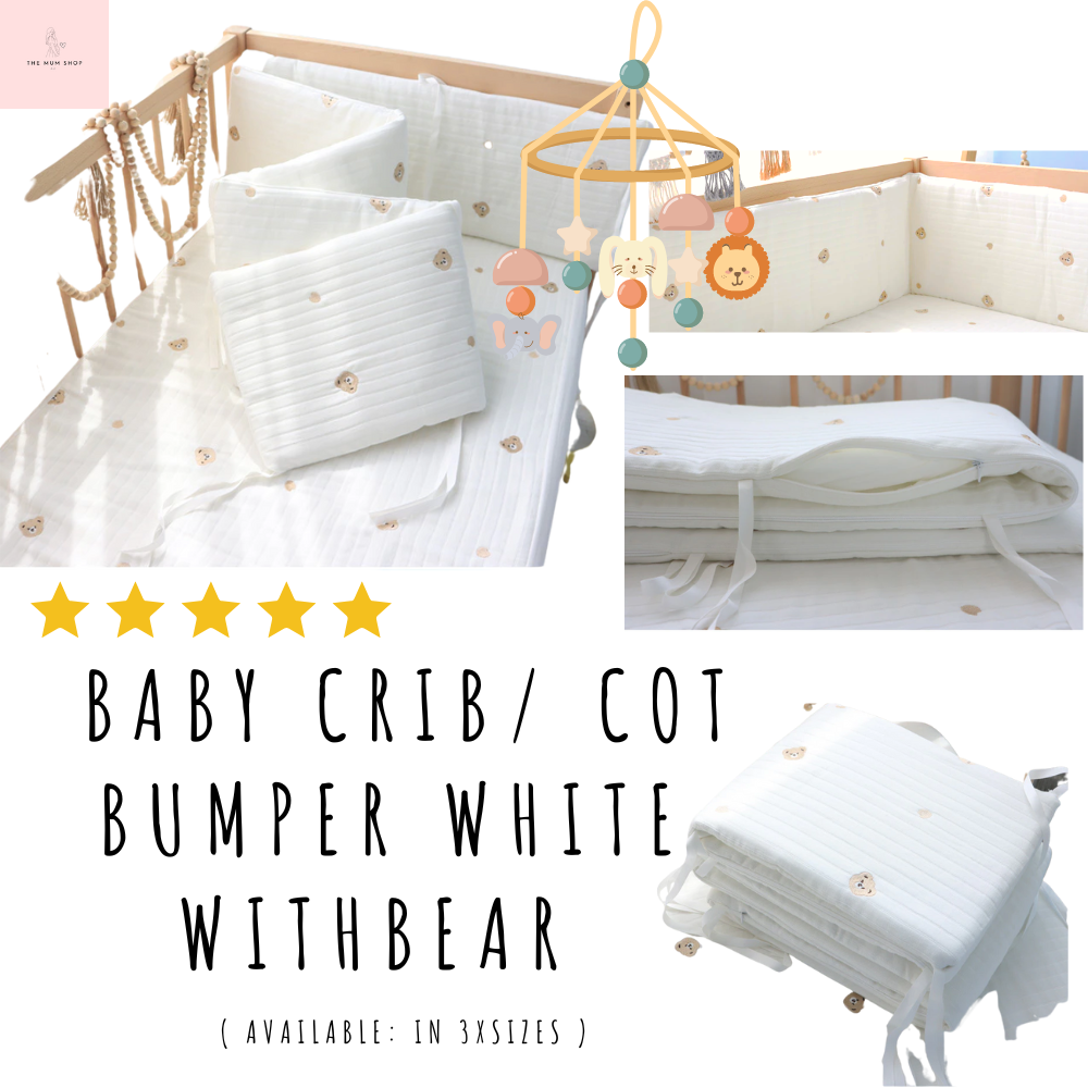 Baby Cot/Crib Bumpers-White with Bear (available in 3 sizes)