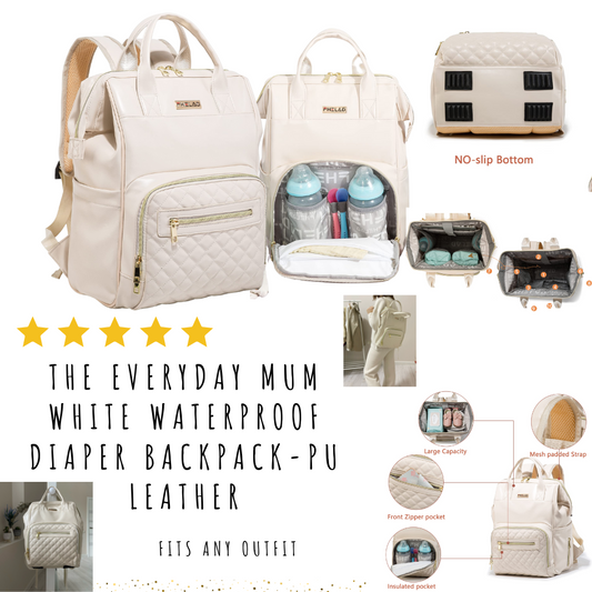 The Everyday Mum White Waterproof Sectional Diaper Backpack-PU Leather