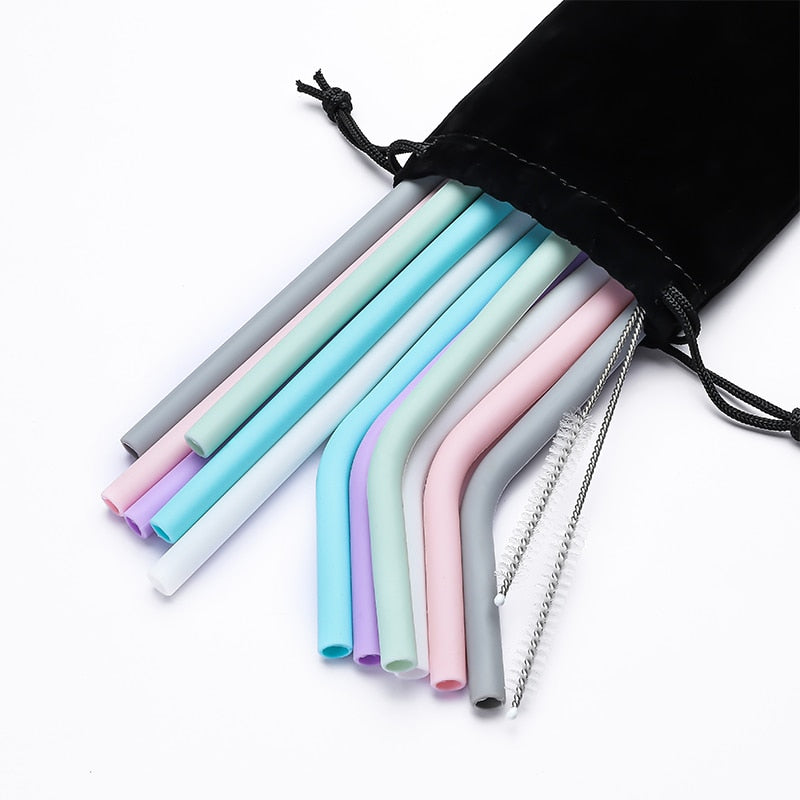 The Mum Shop AU -6pcs Reusable Silicone Drinking Straws  with brush & bag