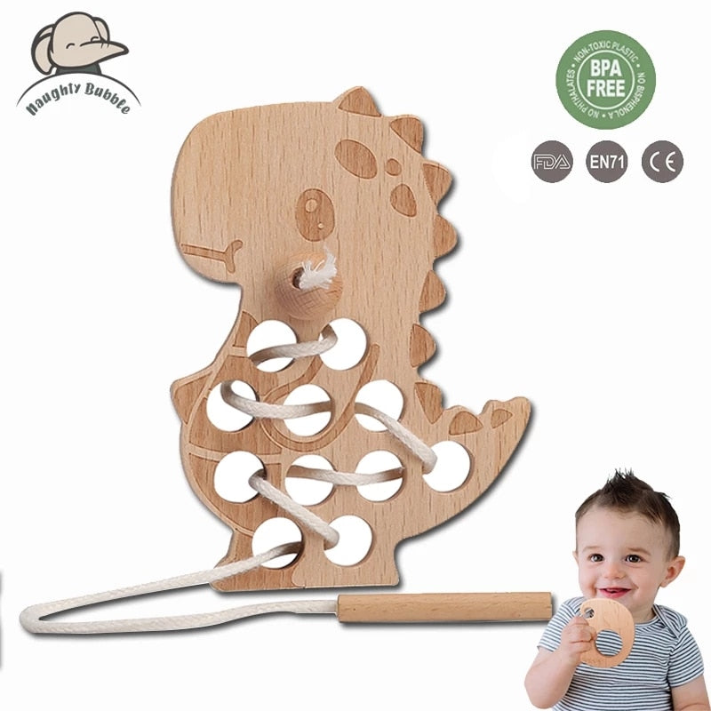 Wooden Natural Baby Threading Boards-Educational Montessori Baby Toys (Animal Themed)