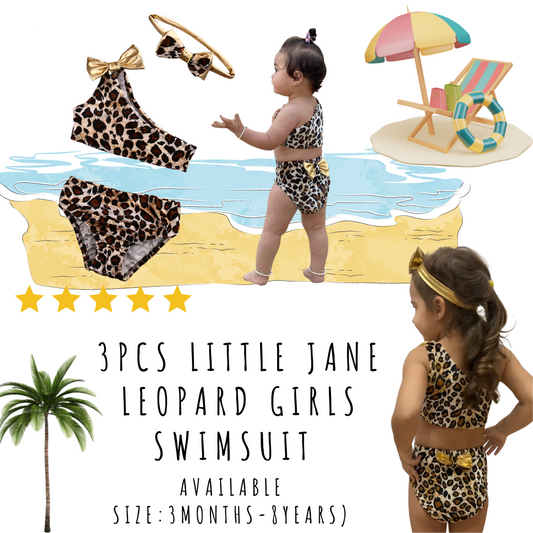 3pcs Little Jane Leopard Girls Swimsuit-(Size available:3months-8years)