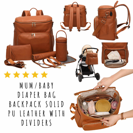 Mum/Baby Diaper Bag Backpack Solid PU Leather with dividers
