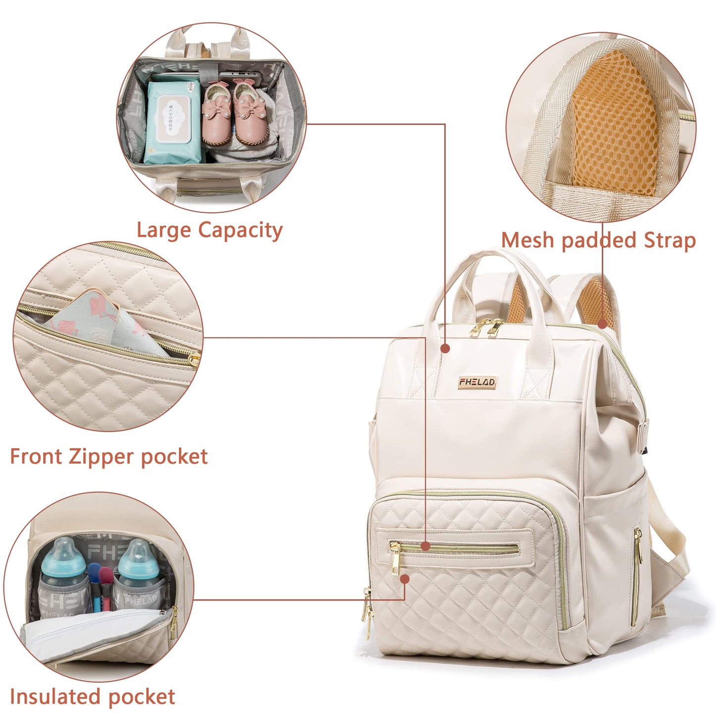 The Everyday Mum White Waterproof Sectional Diaper Backpack-PU Leather