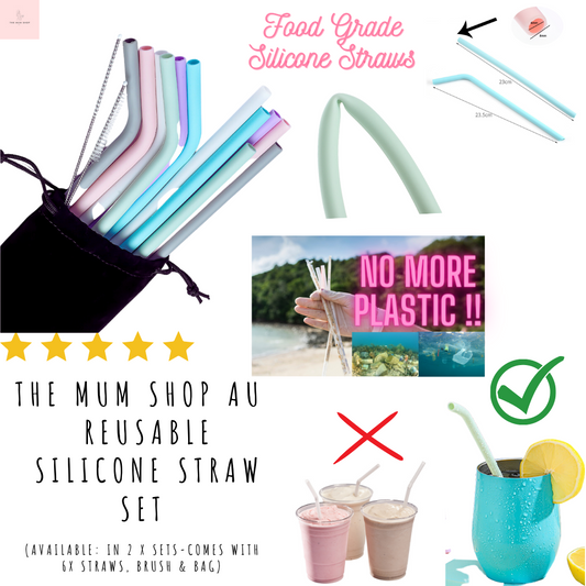 The Mum Shop AU -6pcs Reusable Silicone Drinking Straws  with brush & bag