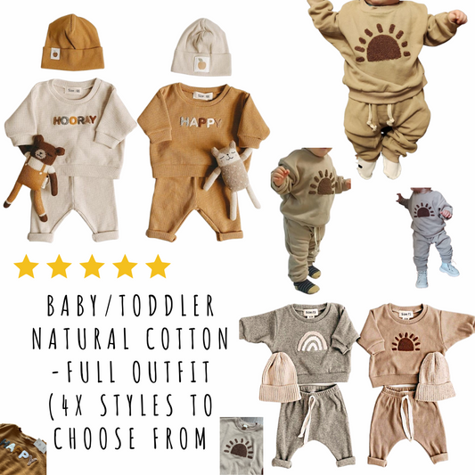 Baby/Toddler Natural Cotton -Full Outfit (4x styles to choose from) Size 3months-3years)