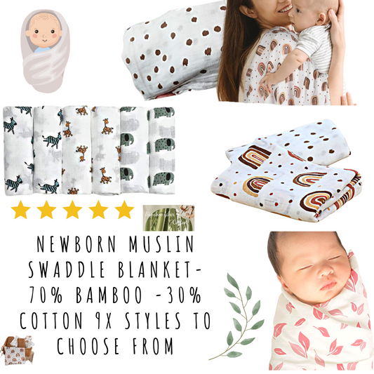 Newborn Muslin Swaddle Blanket- 70% Bamboo -30% Cotton 9x styles to choose from